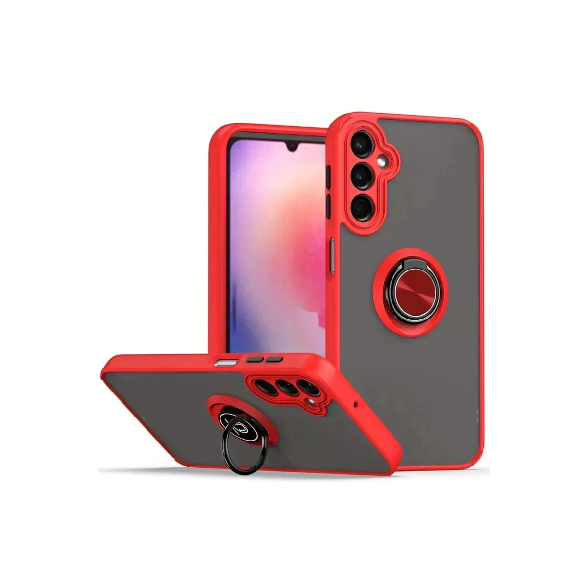 Arkası gri ve halka tutuculu iki kırmızı telefon kılıfı beyaz zeminde.