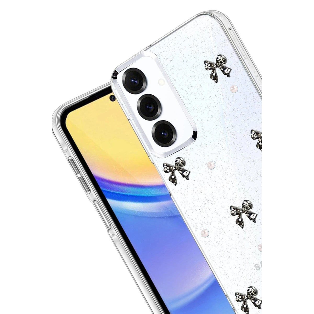 Simli, incili ve fiyonk süslemeli şeffaf telefon kılıfı.