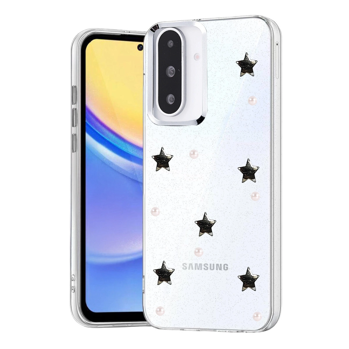 Akıllı telefonda yıldızlar ve incilerle şeffaf telefon kılıfı.