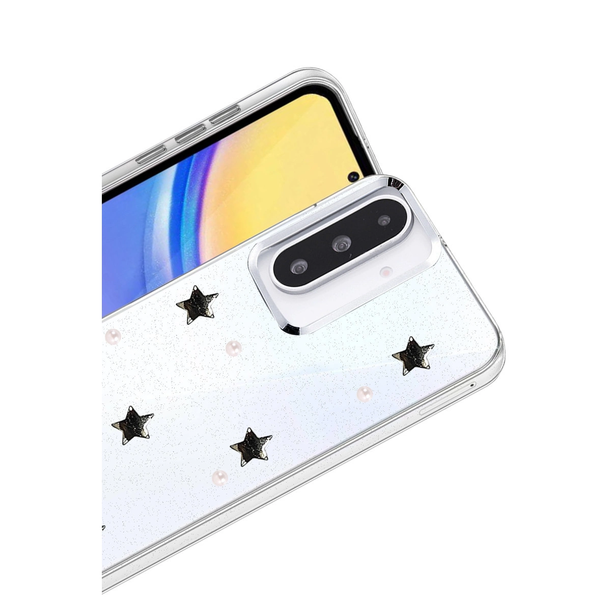 Simli, siyah yıldızlı ve incili şeffaf telefon kılıfı.