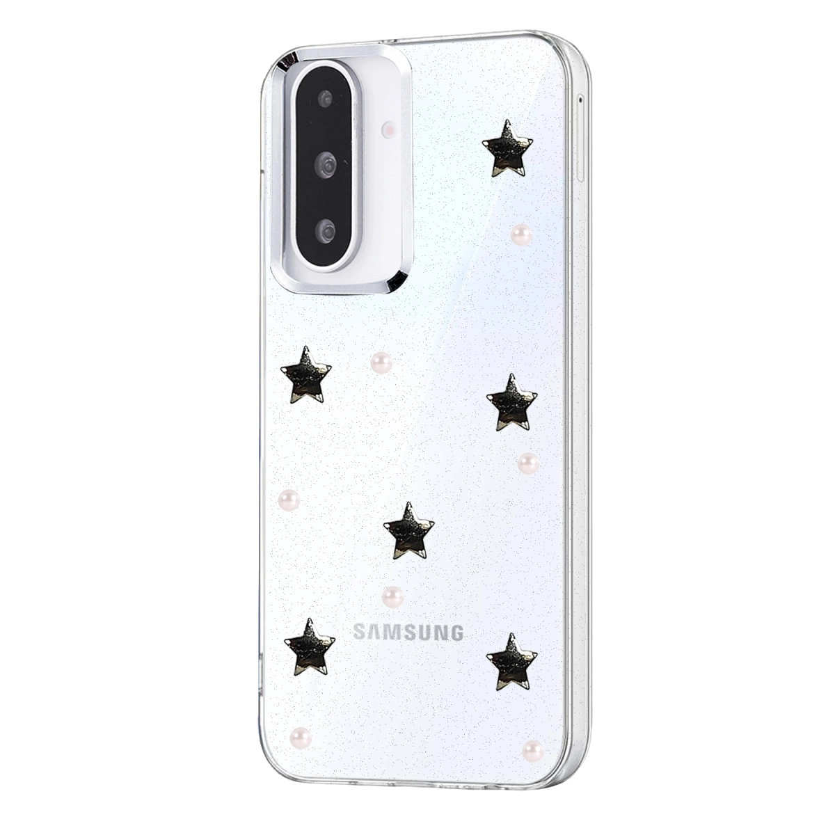 Yıldızlar ve incilerle şeffaf kılıf, Samsung logosu.