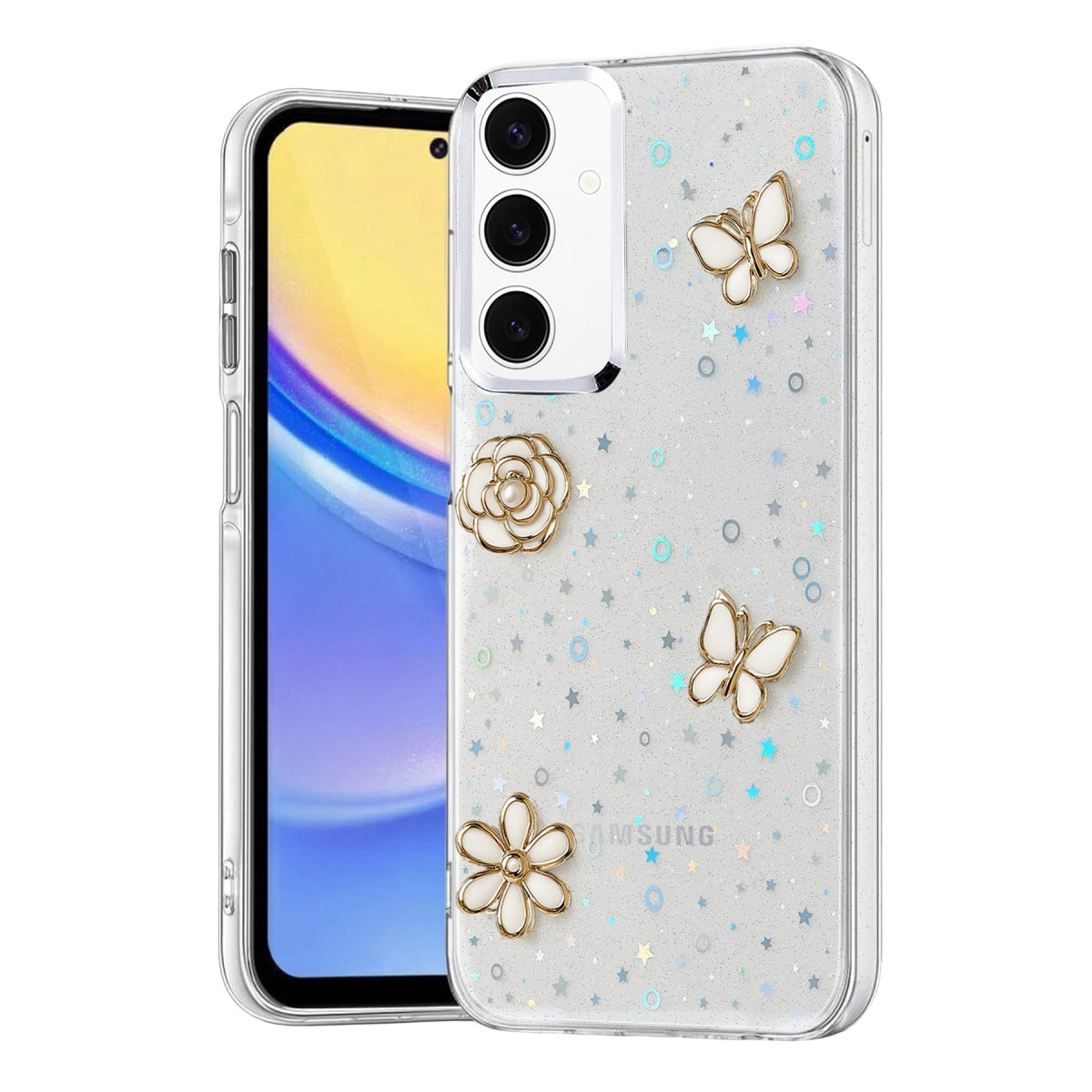 Beyaz çiçekli ve kelebekli şeffaf simli telefon kılıfı.