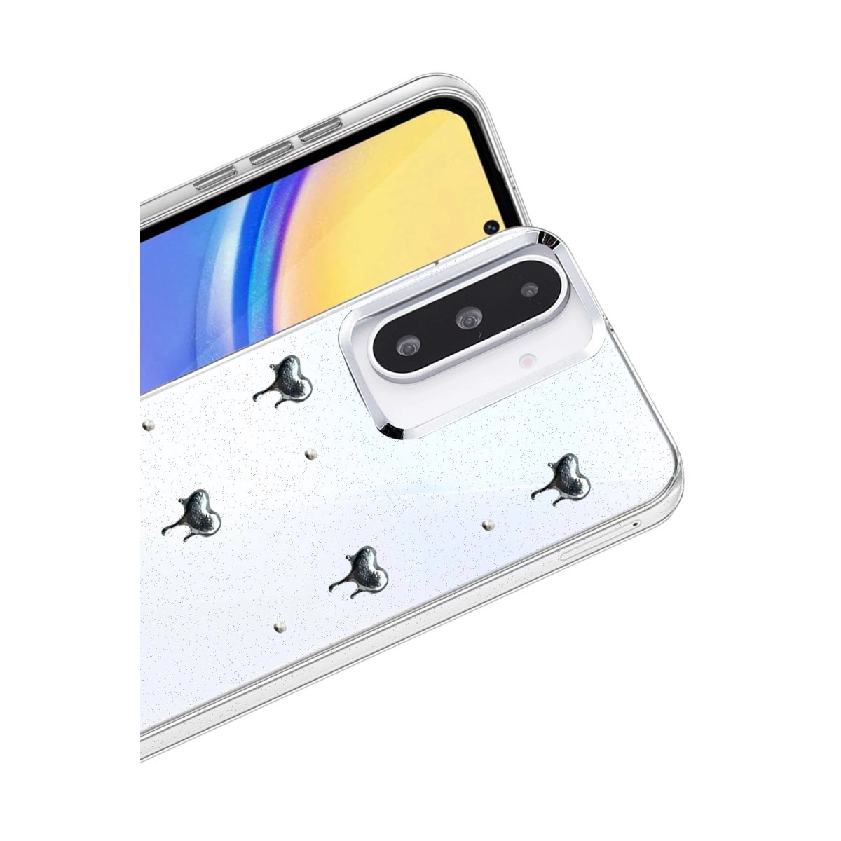 Akıllı telefonda kalp tasarımlı ve simli şeffaf telefon kılıfı.