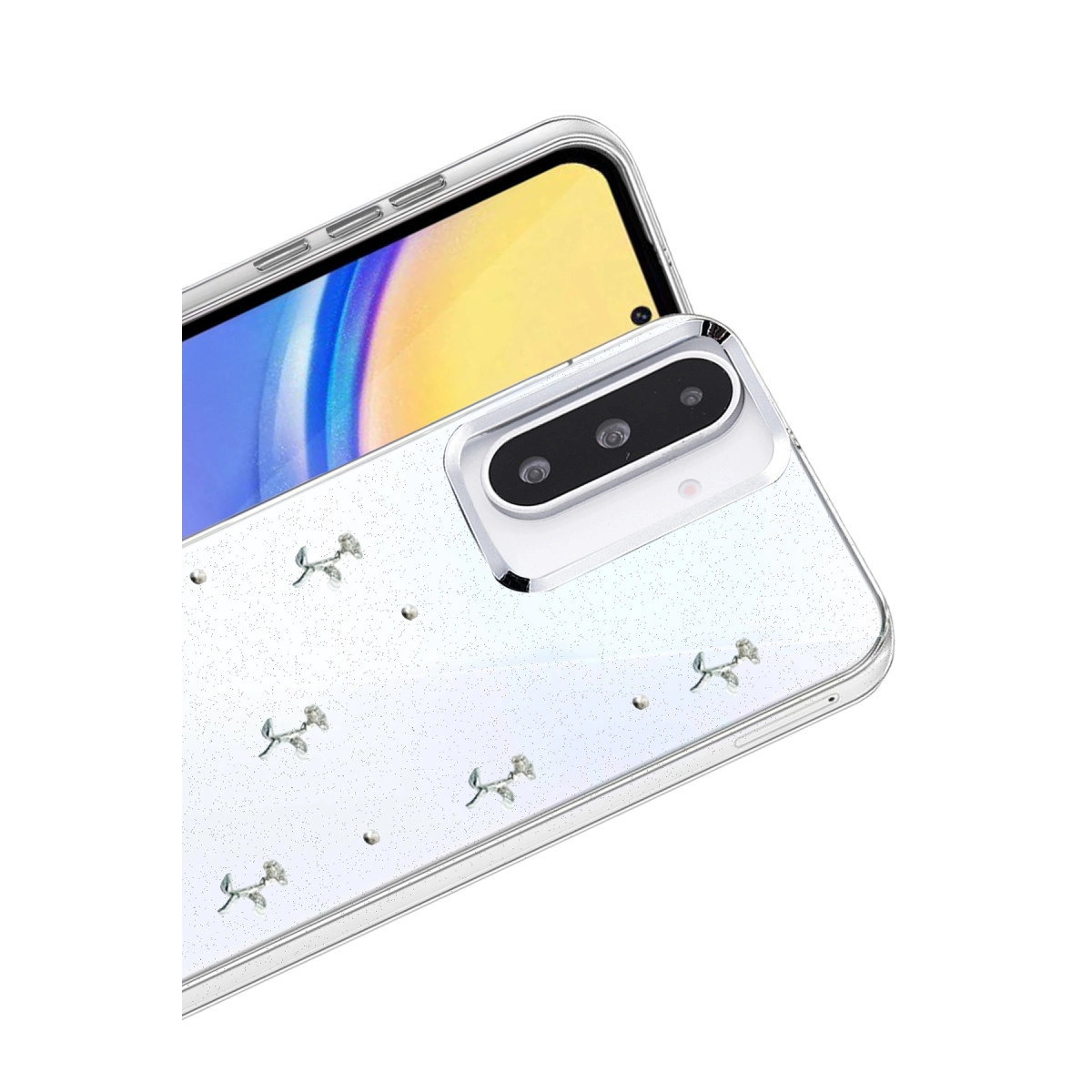 Sim ve gül tasarımlı şeffaf telefon kılıfı.