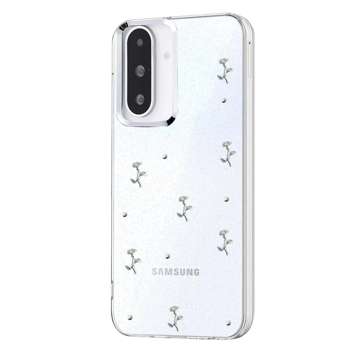 Küçük beyaz çiçekler ve noktalarla süslü şeffaf telefon kılıfı.