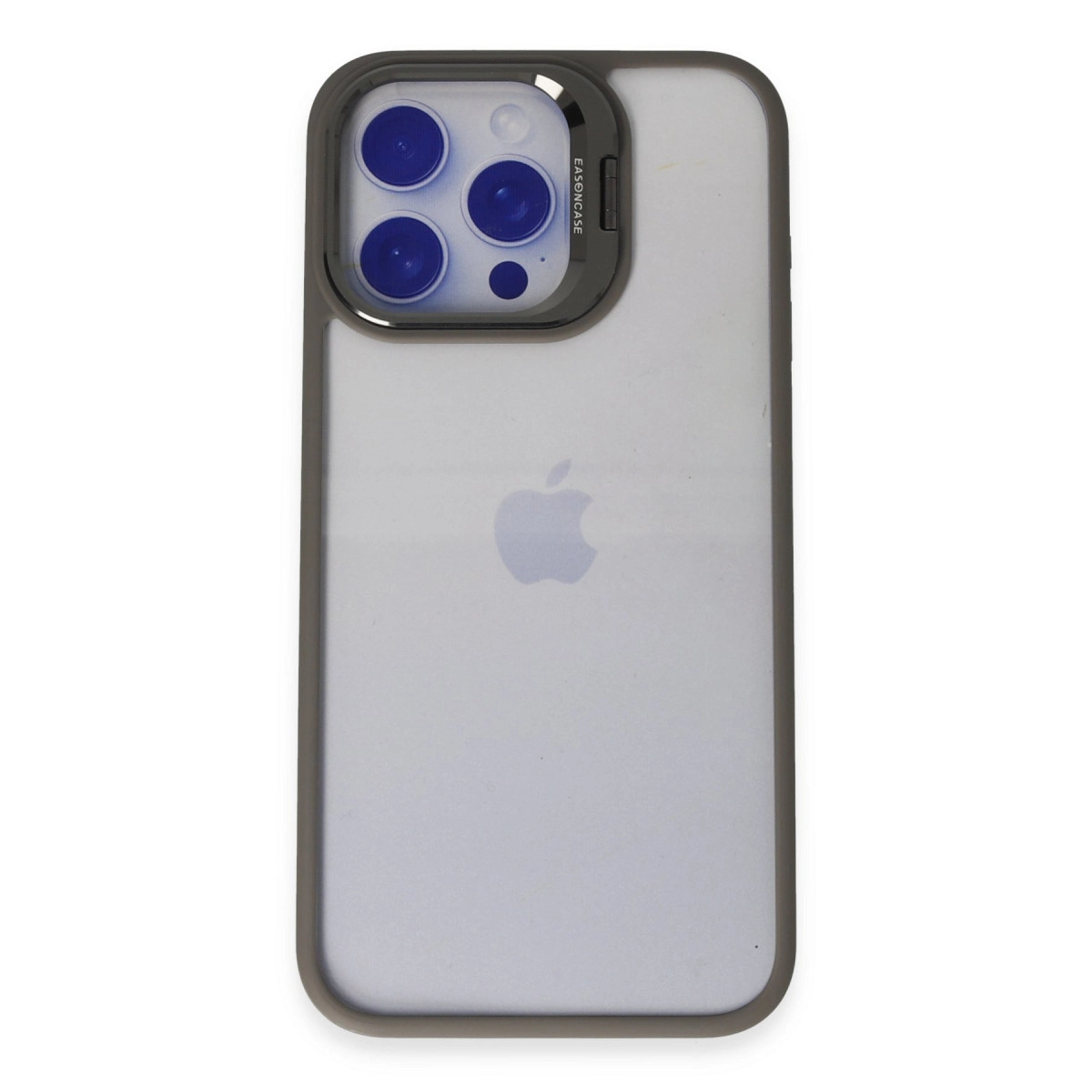 Şeffaf kılıflı ve koyu çerçeveli bir iPhone.