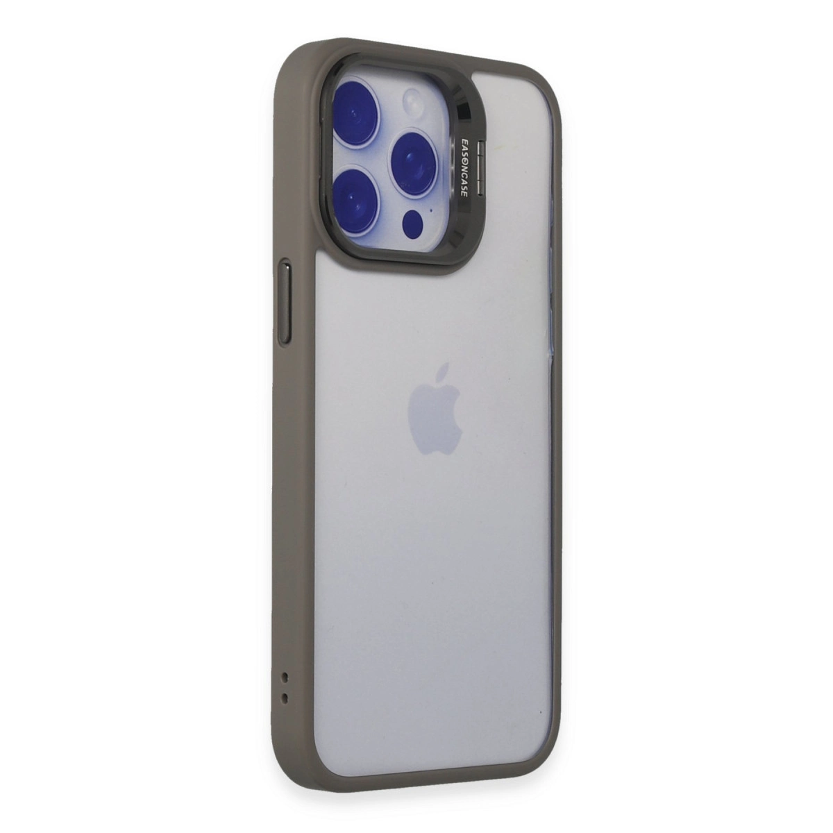iPhone için şeffaf arka kapaklı gri kılıf, kamera lenslerini gösteriyor.