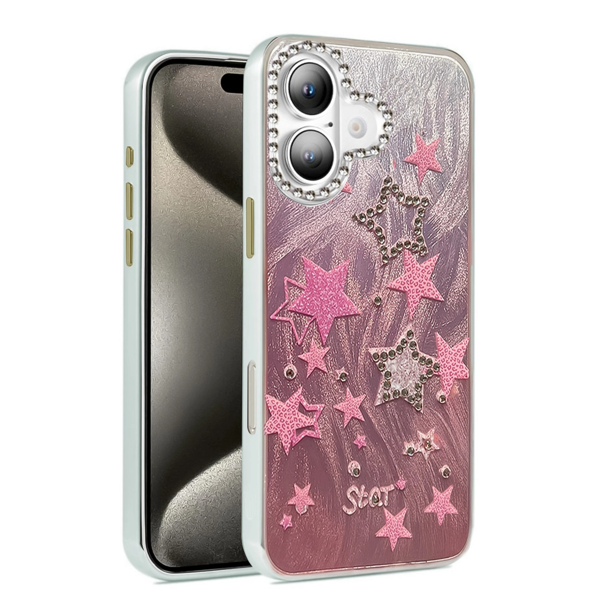 Kamara ile çerçevelenmiş, yıldız ve sim detaylı açık pembe telefon kılıfı.