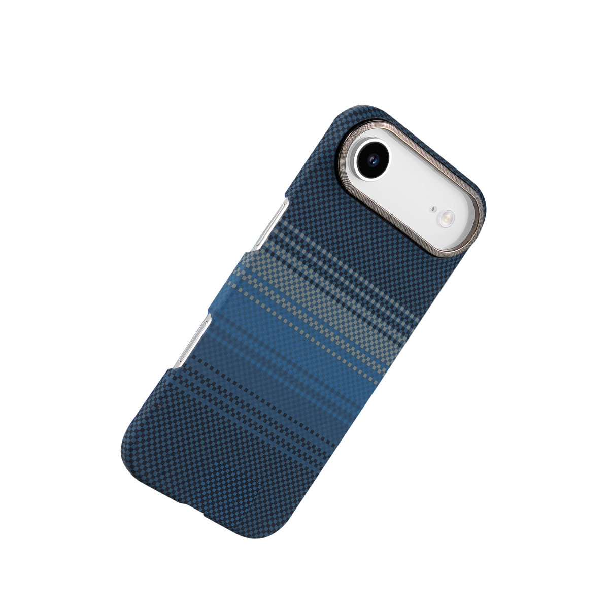 Kareli desene ve gümüş kamera halkalı mavi telefon kılıfı.
