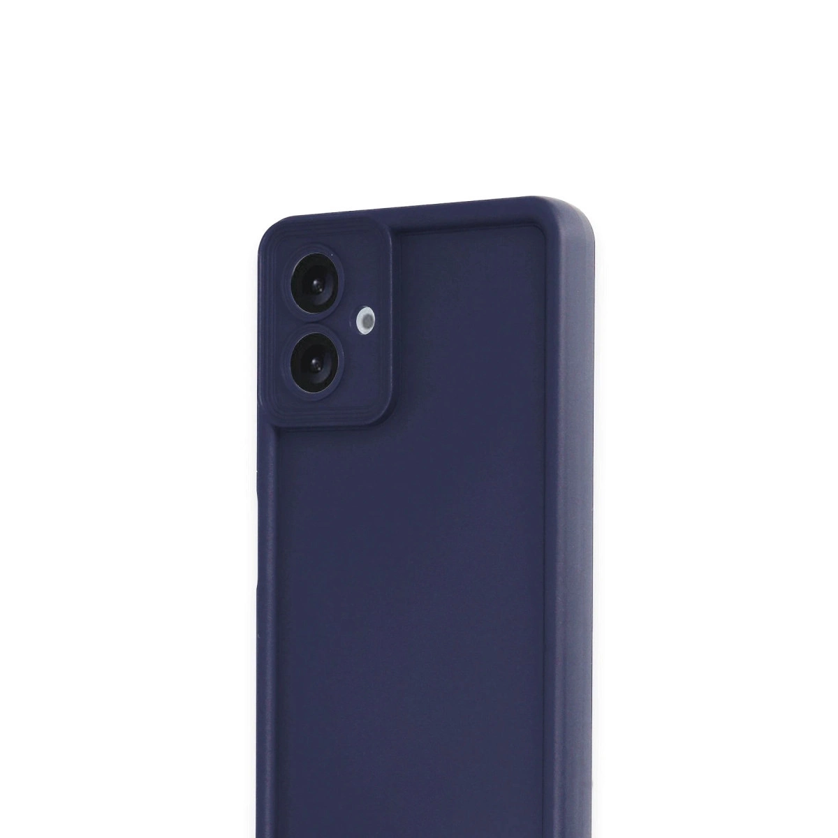 İki kamera lensi ve flaşlı lacivert telefon kılıfı.
