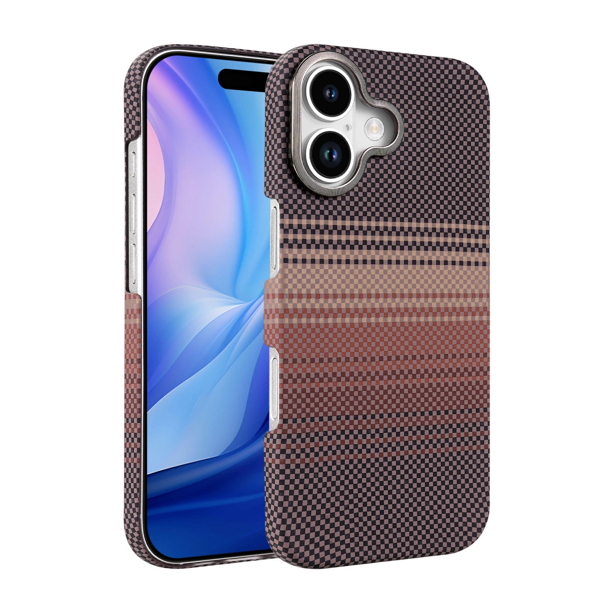 Sağa eğik, kareli kılıflı bir telefon.
