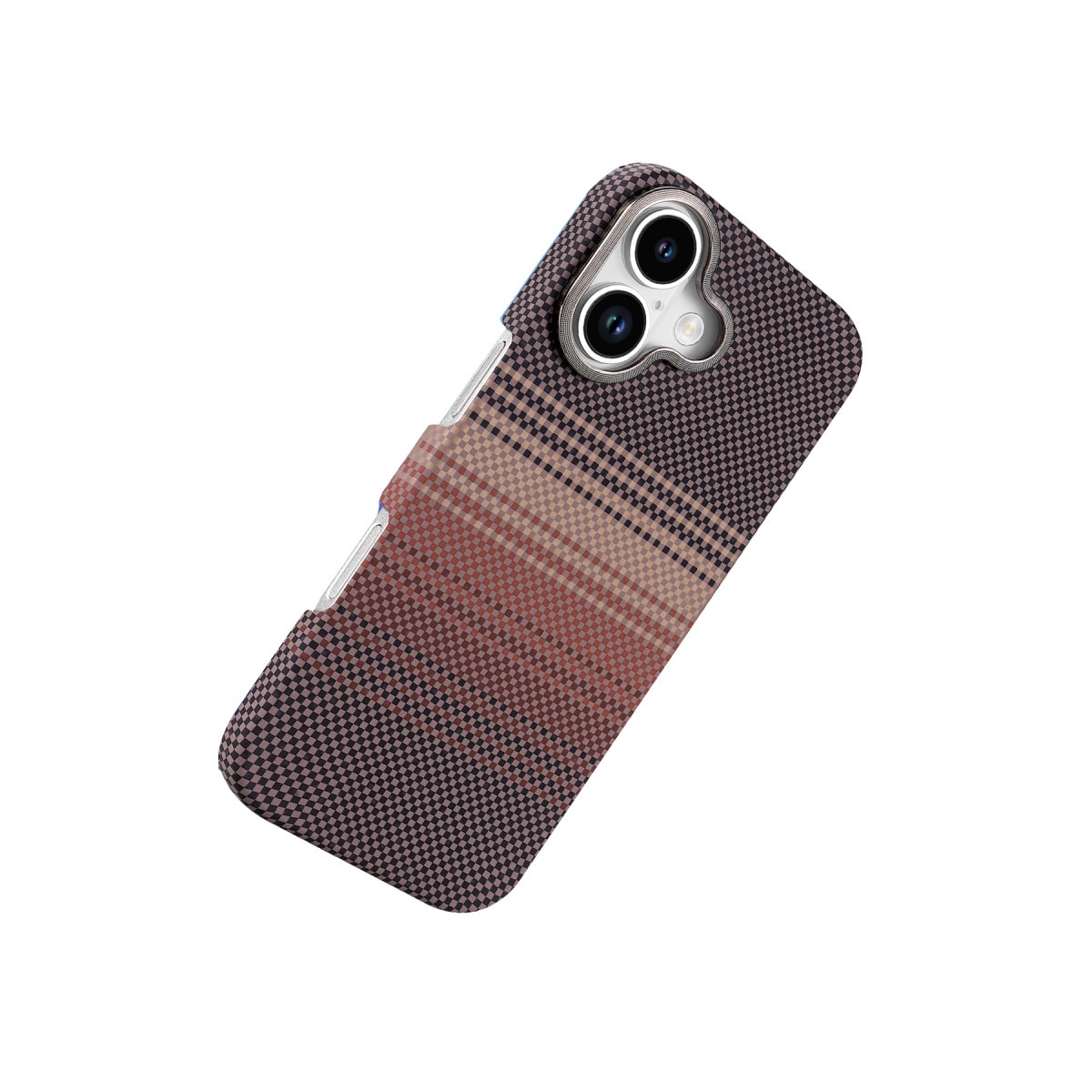 Kahverengi ve siyah tonlarda kareli desenli telefon kılıfı.