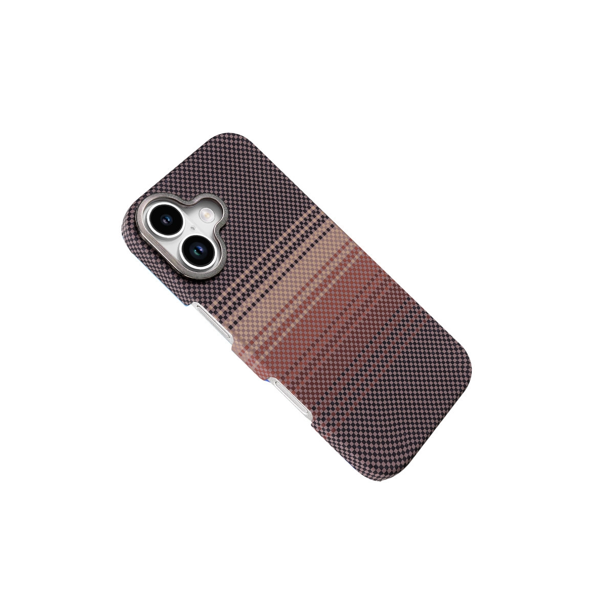 Siyah telefon kılıfı, ekose desenli ve kahverengi/pembe geçişli.