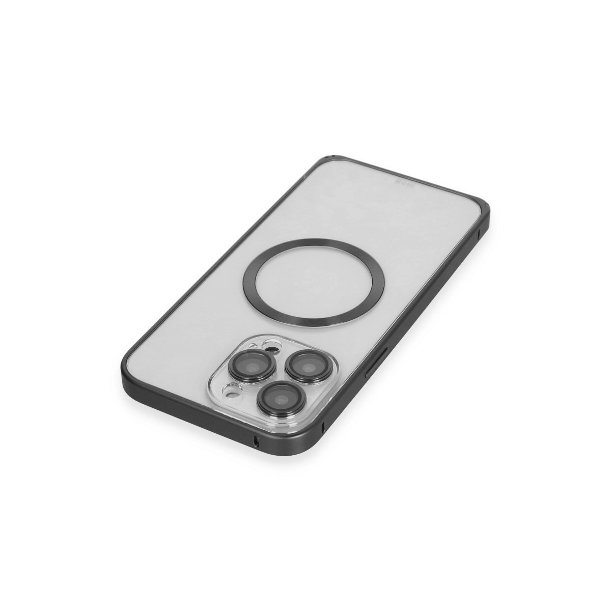 Siyah kenarlı ve manyetik halkalı şeffaf telefon kılıfı, beyaz arka plan.