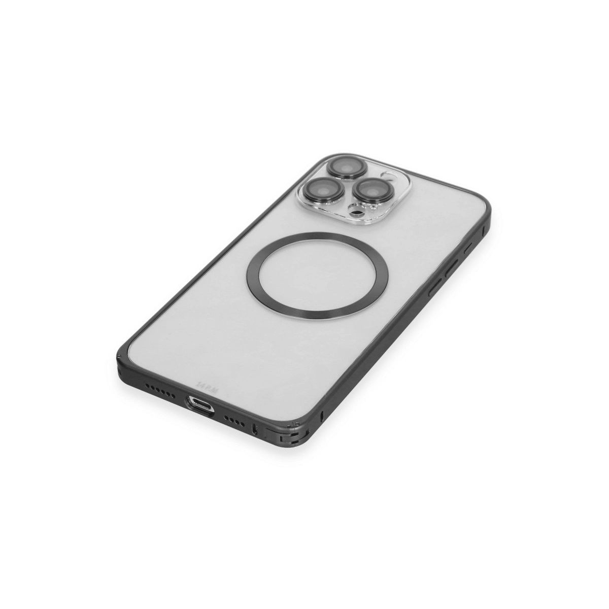 Siyah kenarlı ve halka tutuculu şeffaf telefon kılıfı.