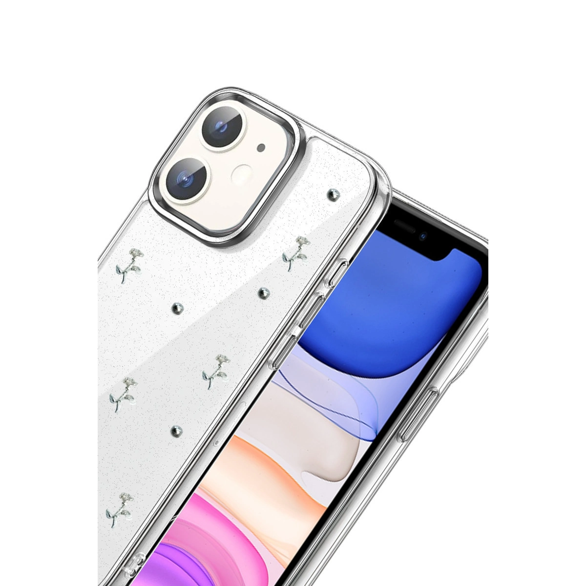 Akıllı telefonda çiçekler ve incilerle şeffaf telefon kılıfı.