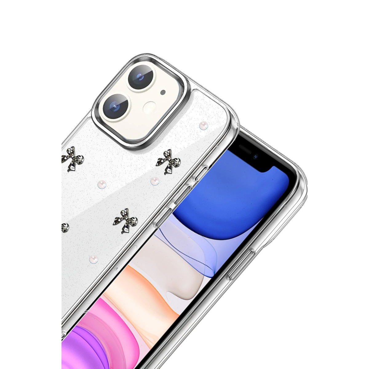 Sim, inciler ve fiyonklarla süslenmiş şeffaf telefon kılıfı.