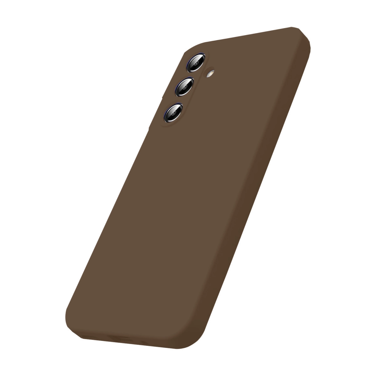 Üç kamera lensli ve flaşlı kahverengi telefon kılıfı.