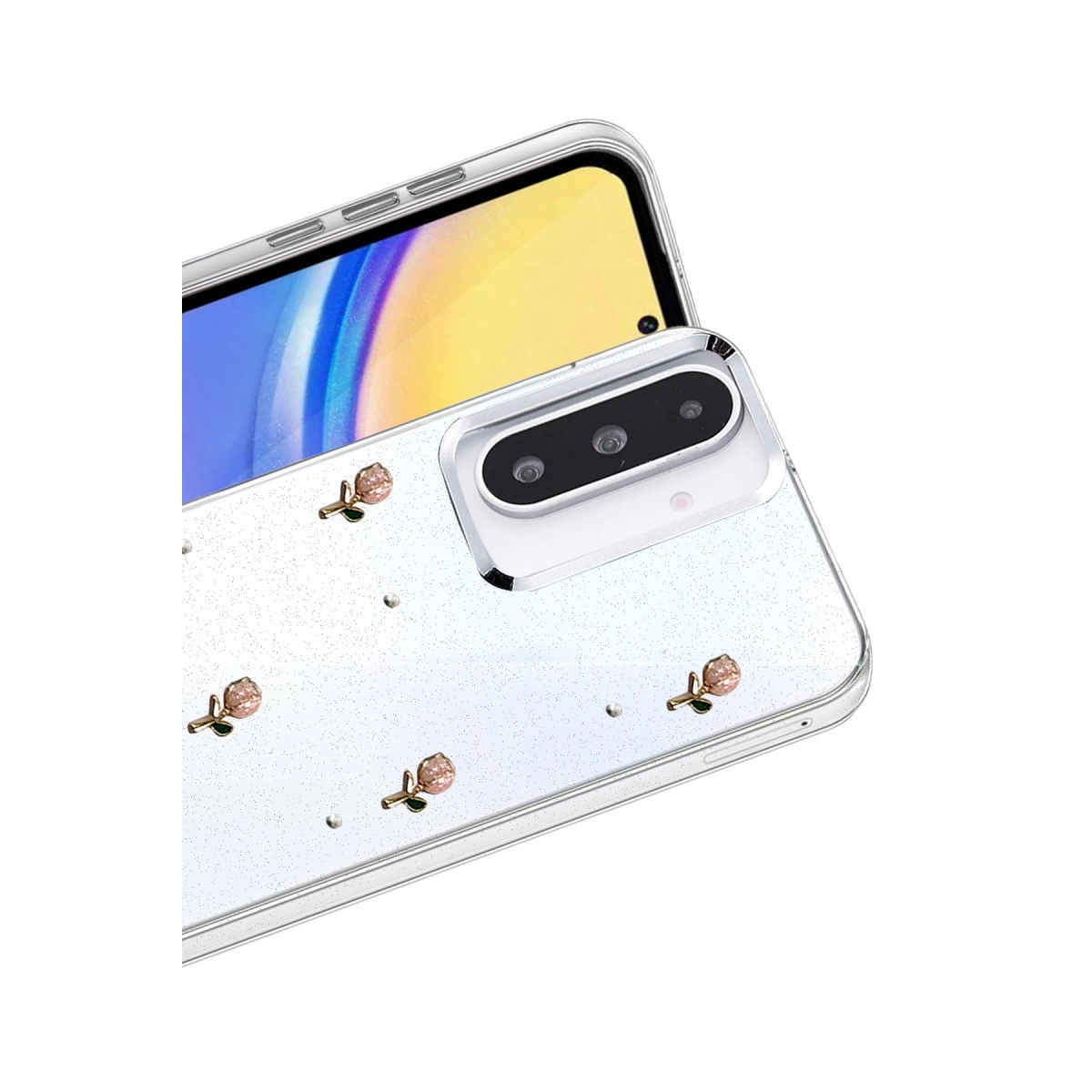 Simli ve küçük gül süslemeli şeffaf telefon kılıfı.