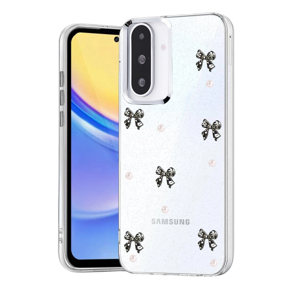 Telefon üzerinde fiyonklar ve inciler bulunan şeffaf telefon kılıfı.