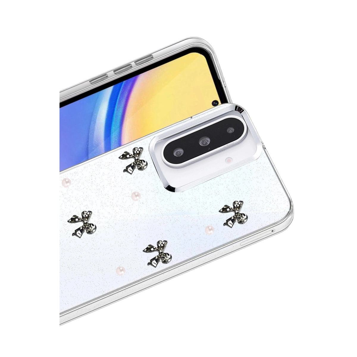 Sim, inciler ve fiyonklarla süslenmiş şeffaf telefon kılıfı.