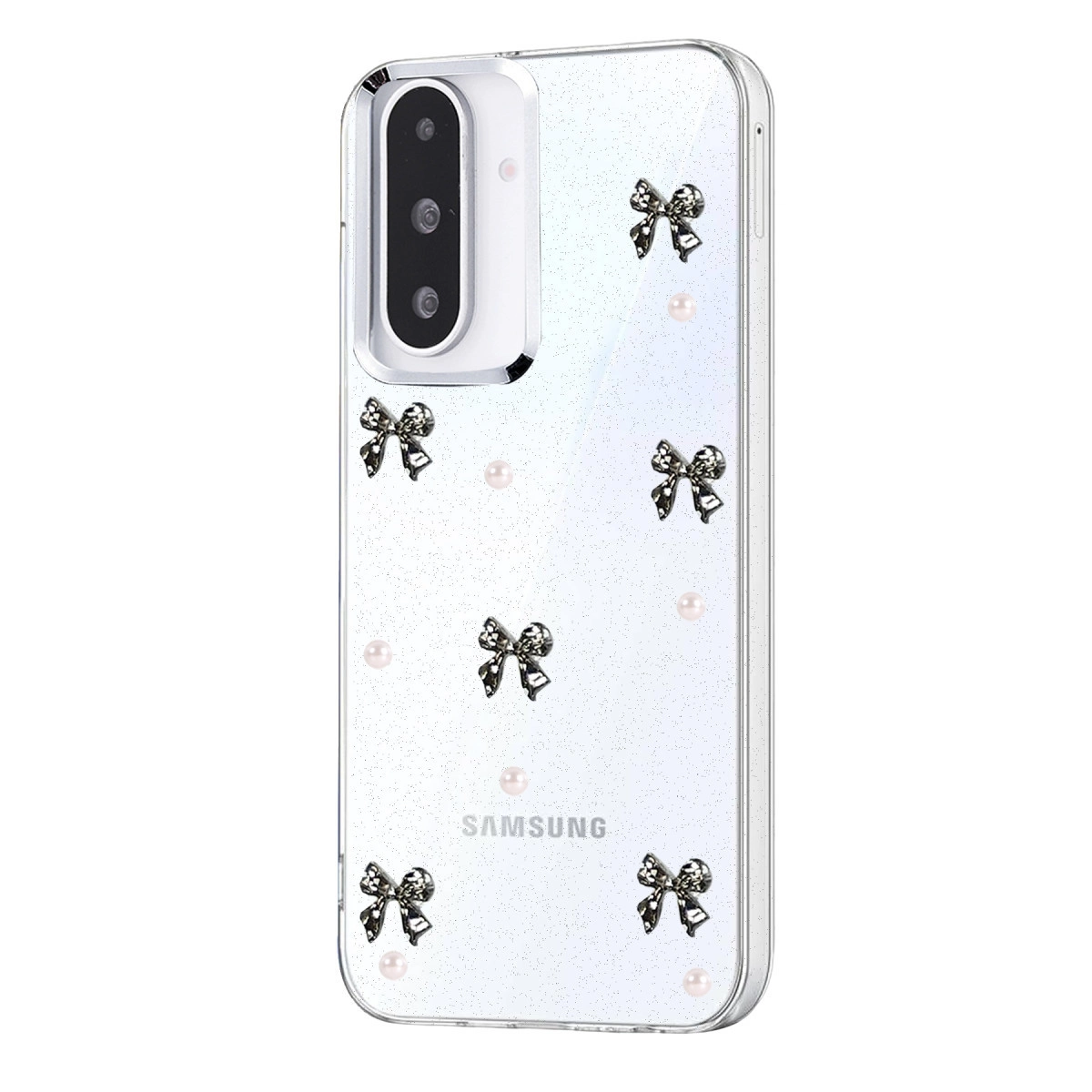 Simli, fiyonklu ve incili şeffaf telefon kılıfı.