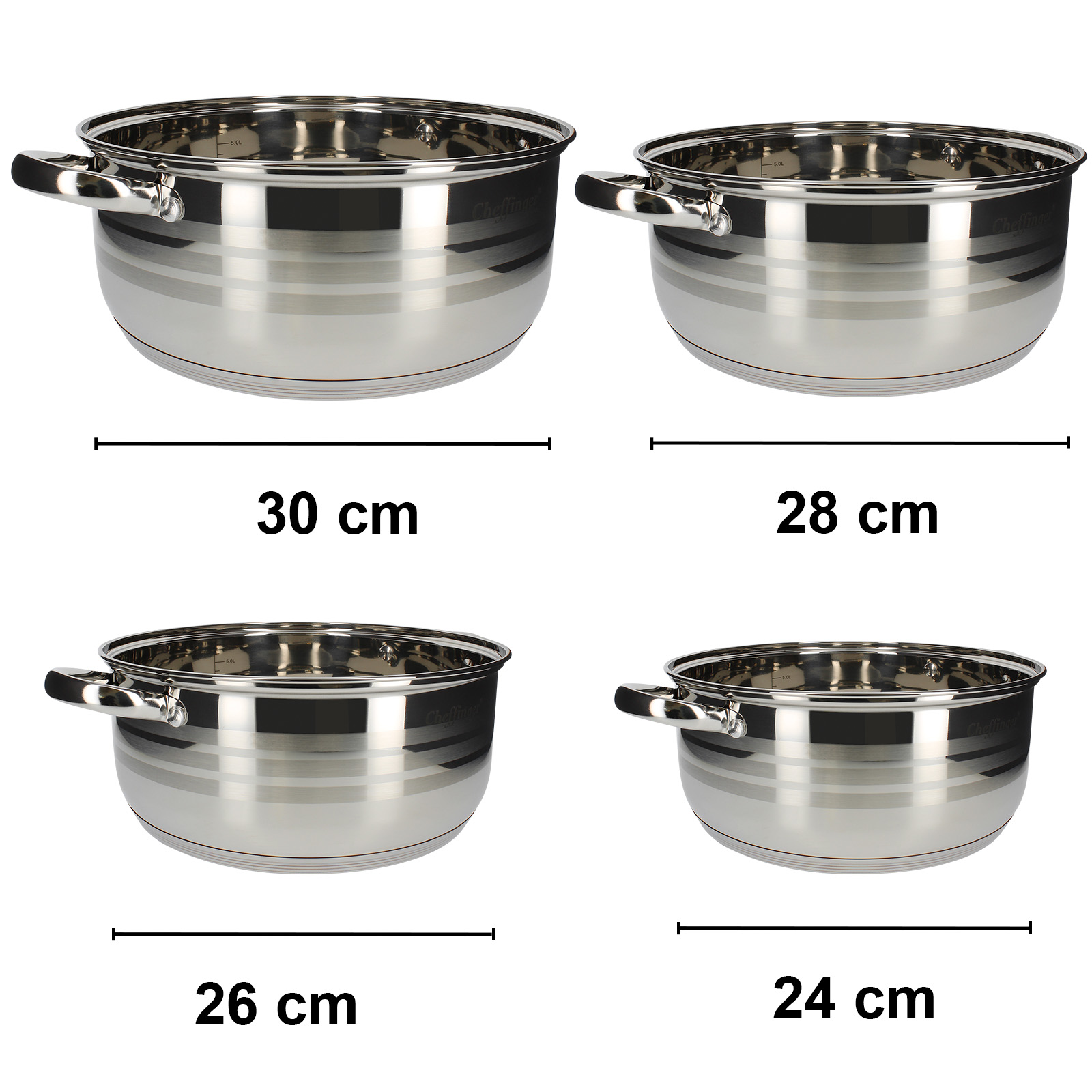 Quattro pentole in acciaio inox con manici, misure 30, 28, 26, 24 cm.