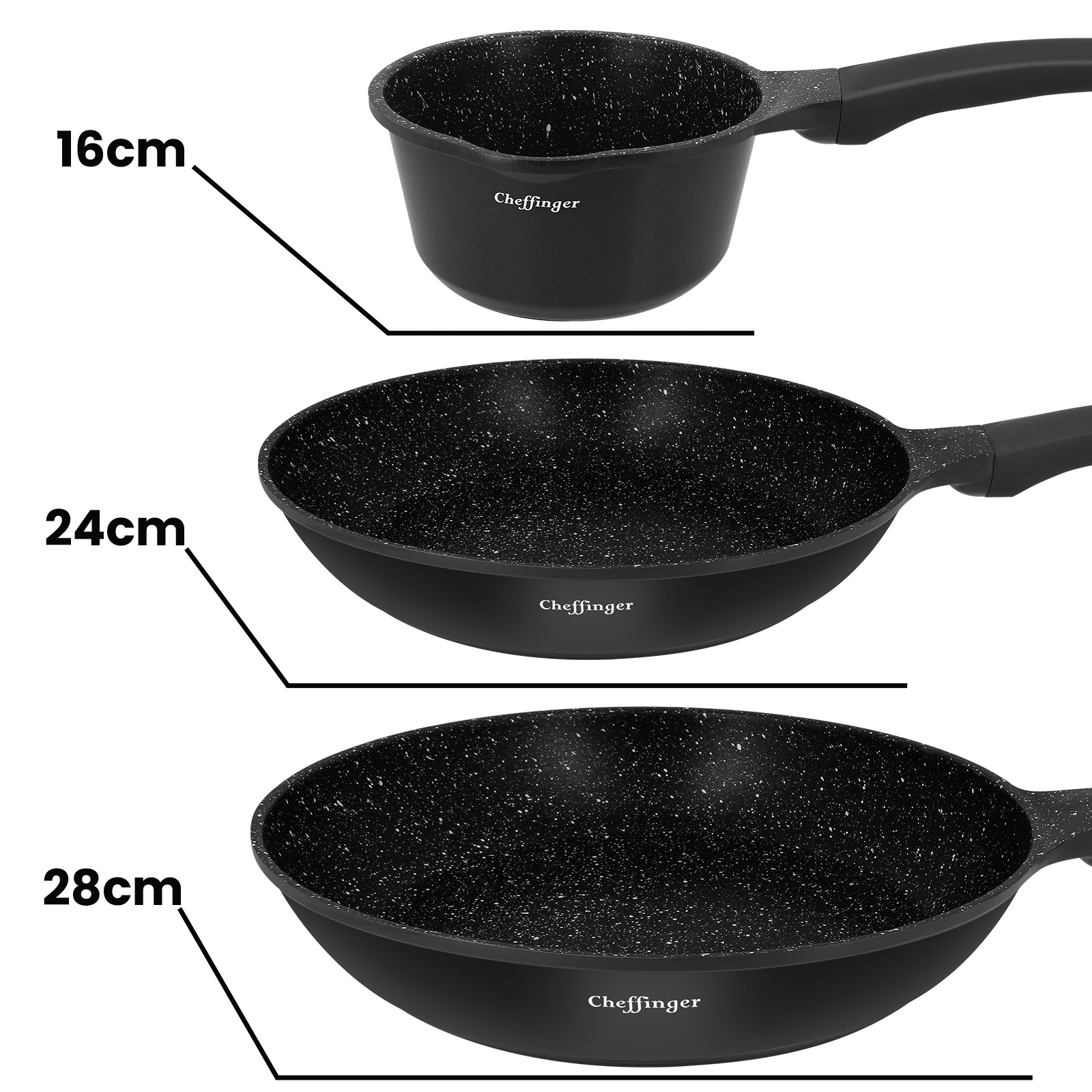 Trois ustensiles de cuisson antiadhésifs : une casserole de 16cm, une poêle de 24cm, un wok de 28cm.