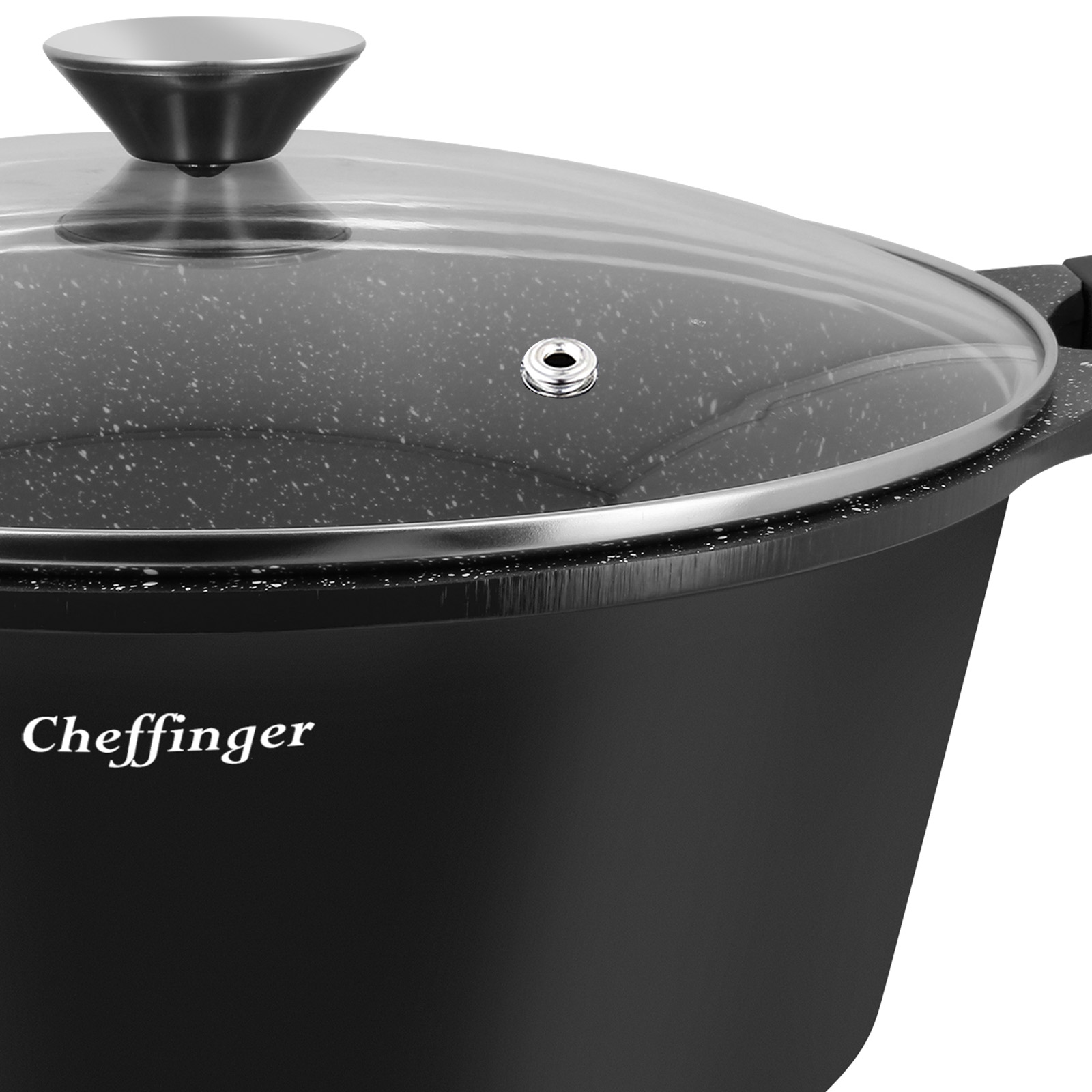 Casserole noire aspect granit avec couvercle en verre et manche en métal.