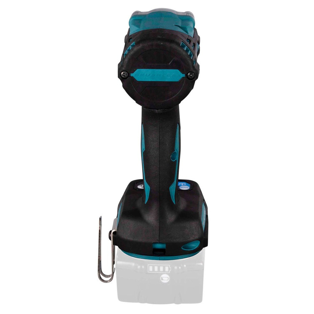 Czarno-turkusowa wkrętarka akumulatorowa z metalowym klipsem i wskaźnikiem baterii.