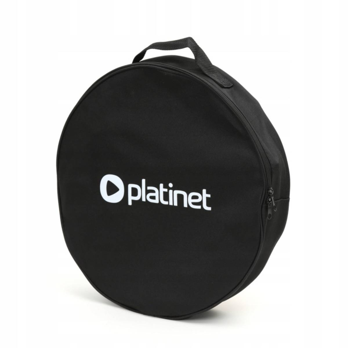 Borsa rotonda nera con logo bianco "Oplatinet" e chiusura a zip.