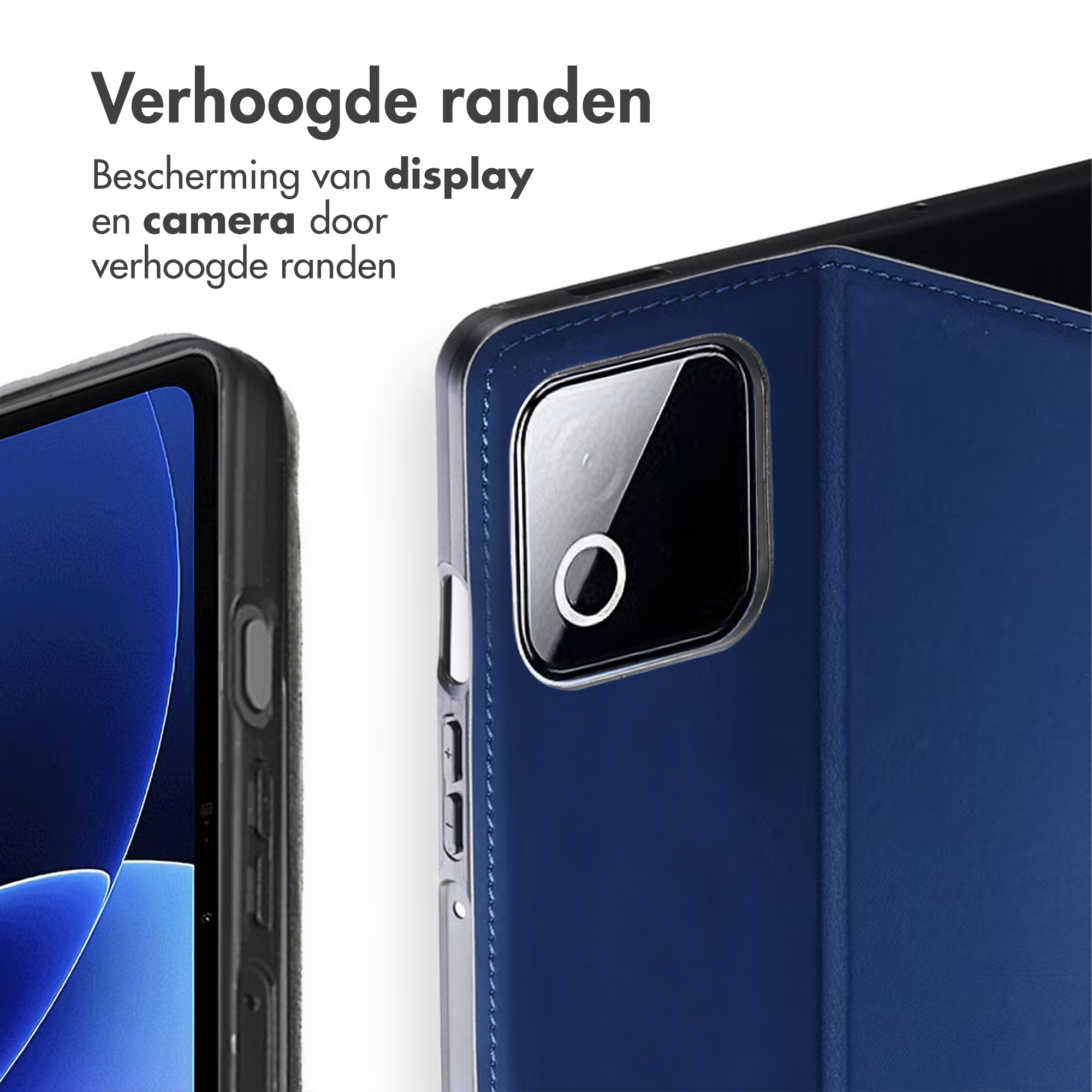 Niebieskie etui na telefon z podwyższonymi krawędziami chroni ekran.