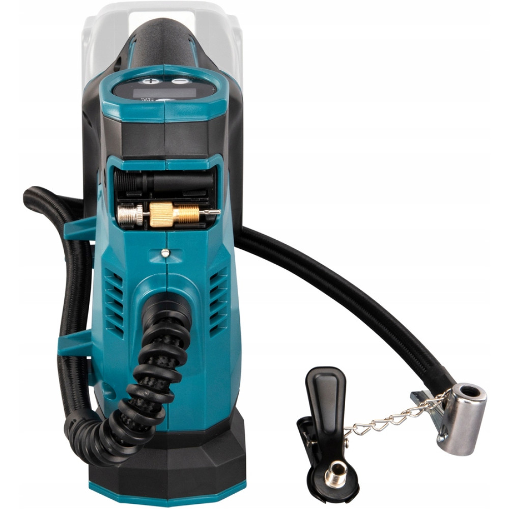 Przenośny, turkusowy kompresor powietrza z czarnym wężem i cyfrowym wyświetlaczem.