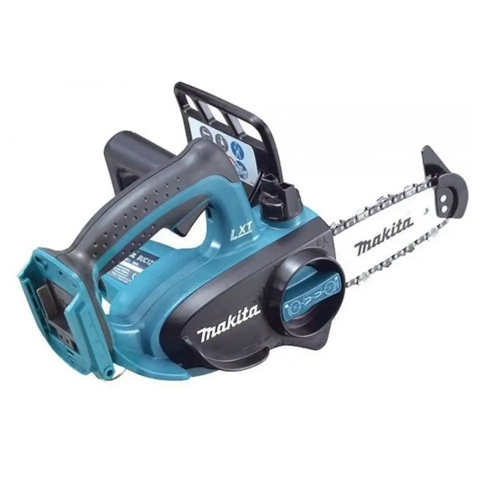 Niebieska piła łańcuchowa Makita z czarną rączką i srebrnym łańcuchem.