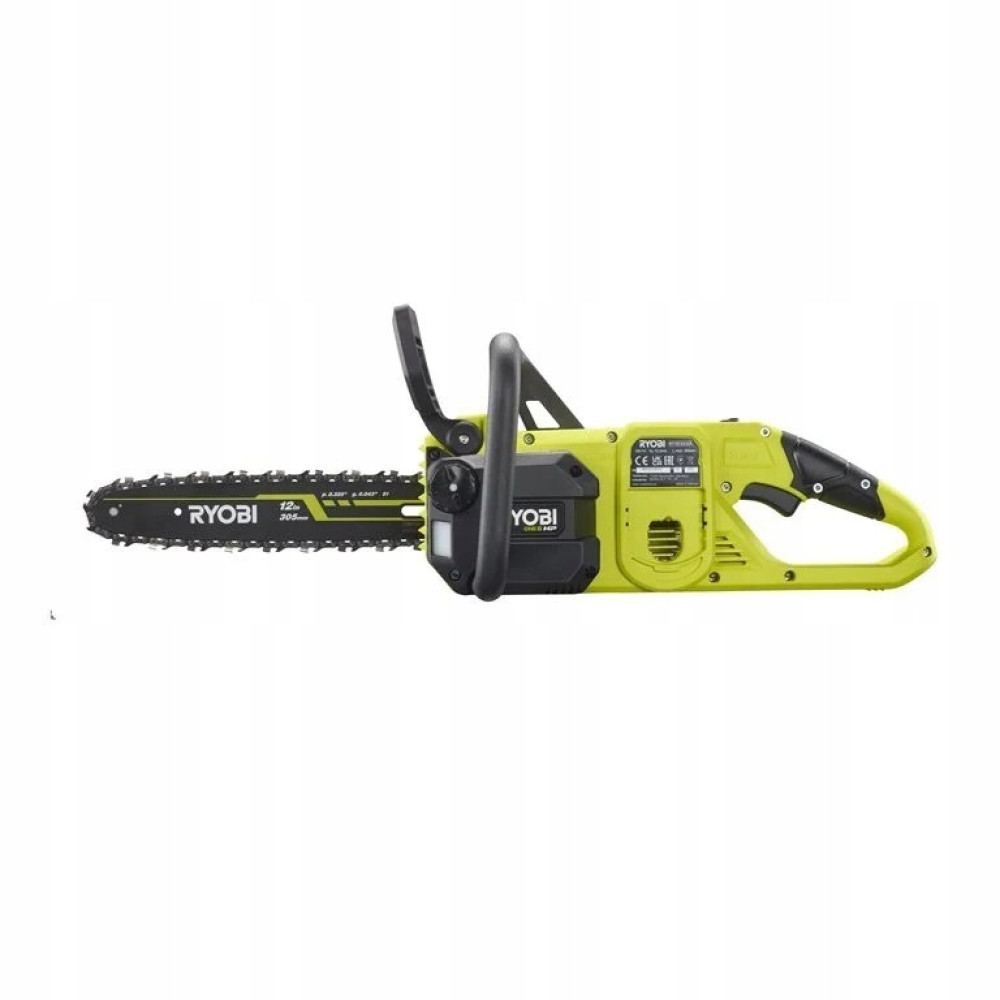 Żółta piła łańcuchowa Ryobi z srebrnym łańcuchem i czarną rączką.