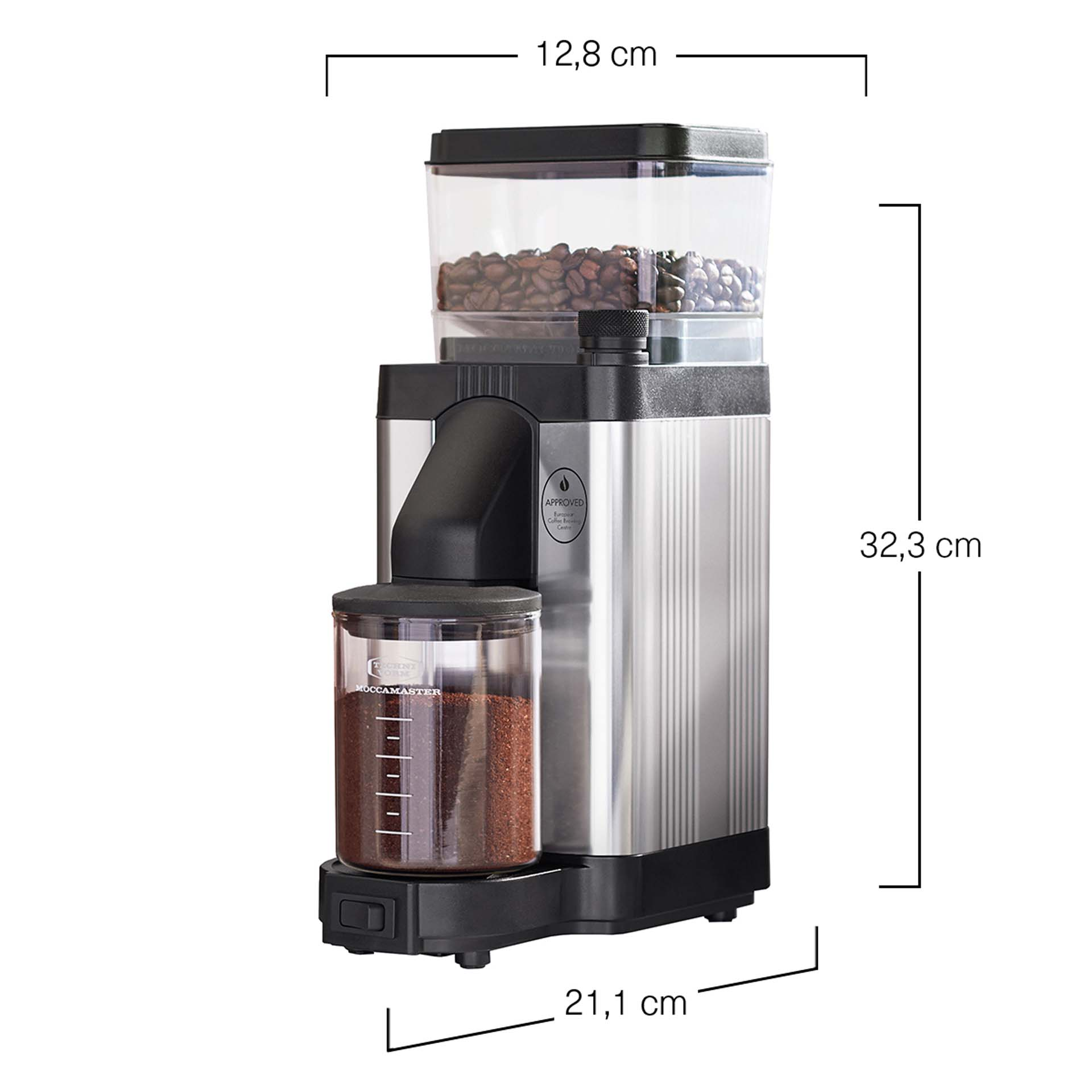 Coffee grinder with bean hopper on top and ground coffee below. Dimensions are shown.