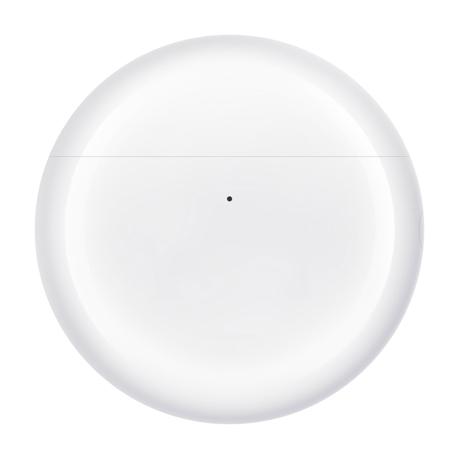 Zamknięte, białe etui ładujące do słuchawek z małą czarną kropką.