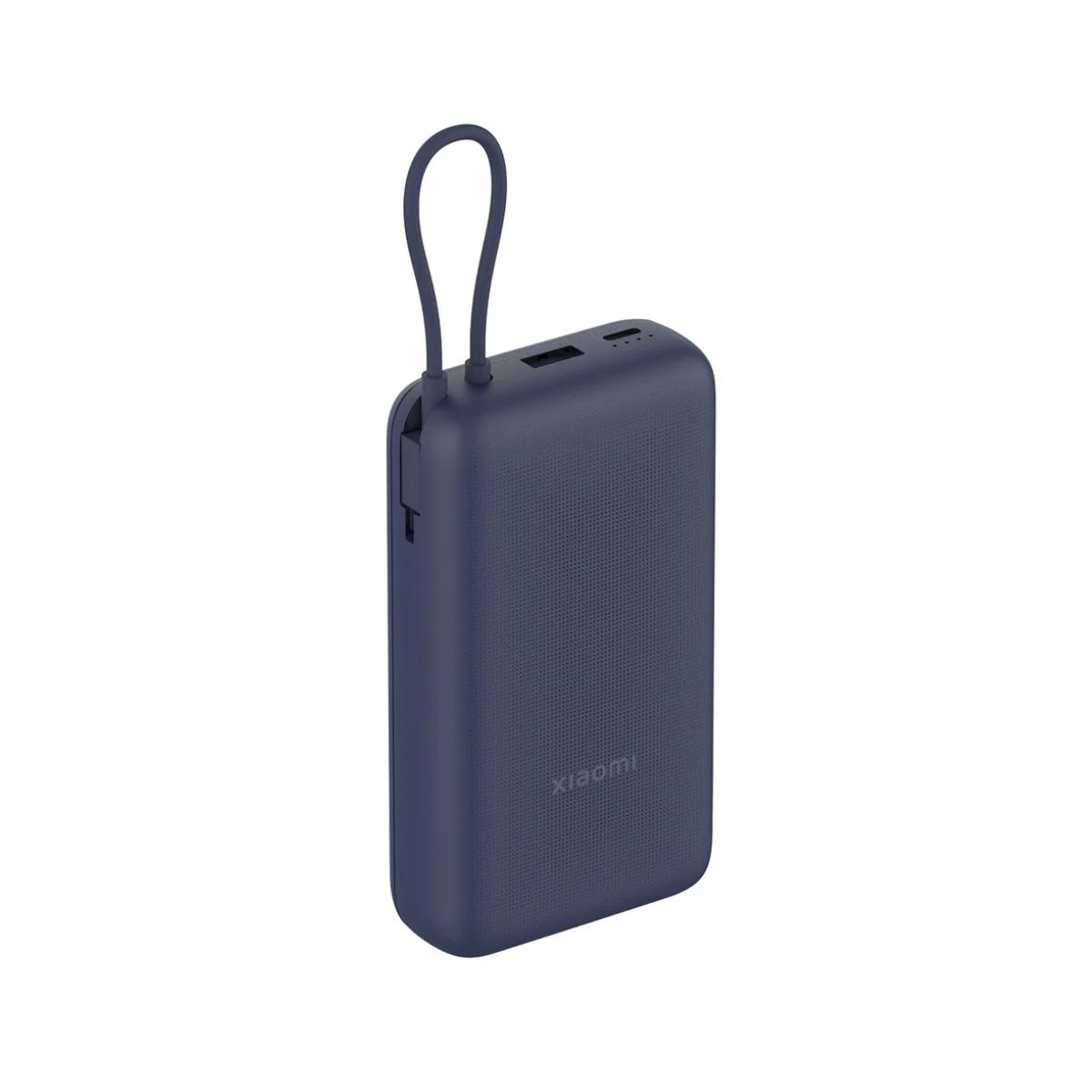 Ciemnoniebieski power bank Xiaomi z pętlą i portami ładowania.