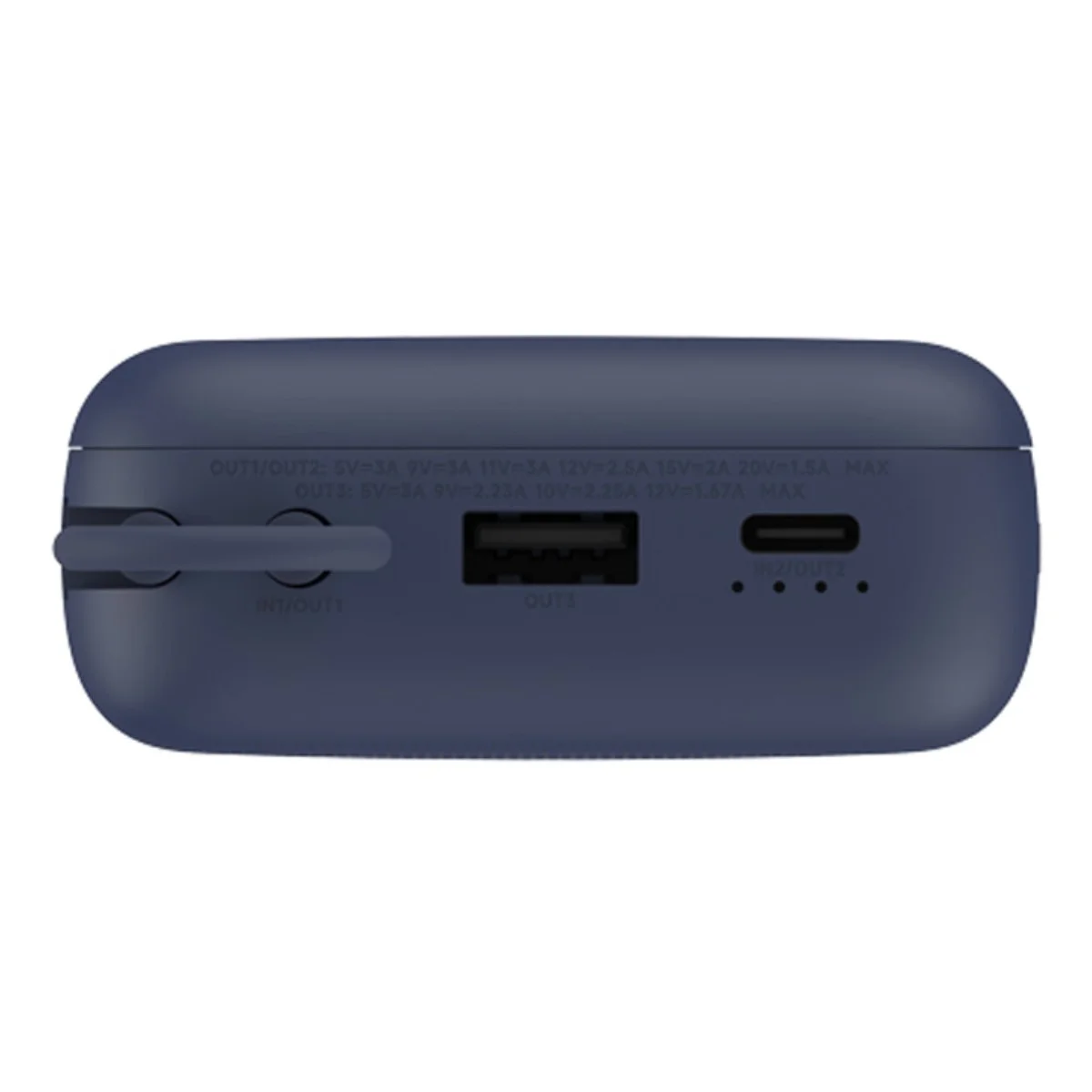 Ciemnoniebieski power bank z portami USB-A, USB-C i etykietami.