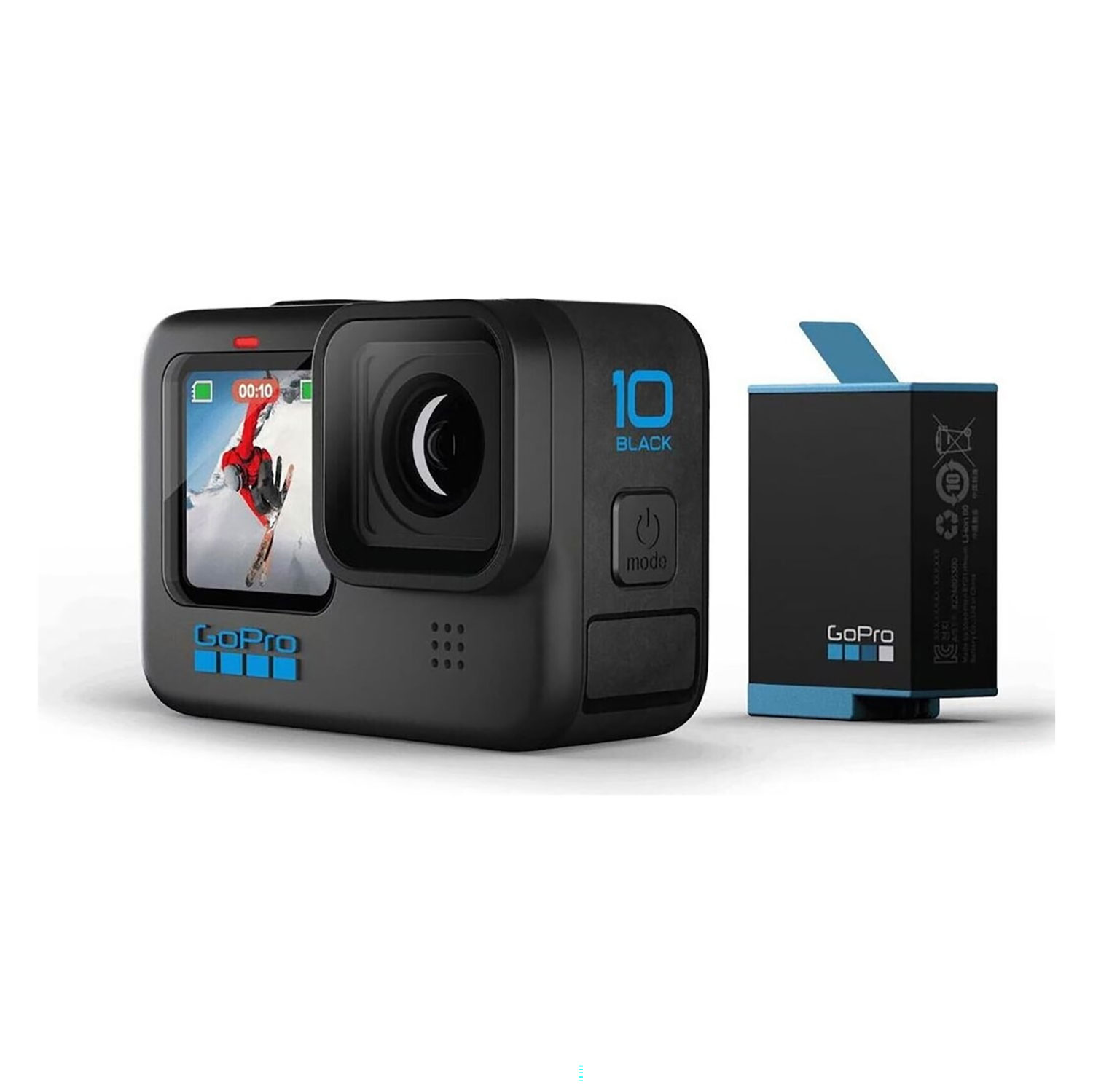 Caméra GoPro Hero 10 Black et batterie sur fond blanc.