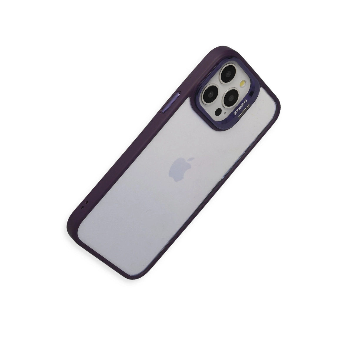 Mor çerçeveli ve şeffaf arkalı bir iPhone.