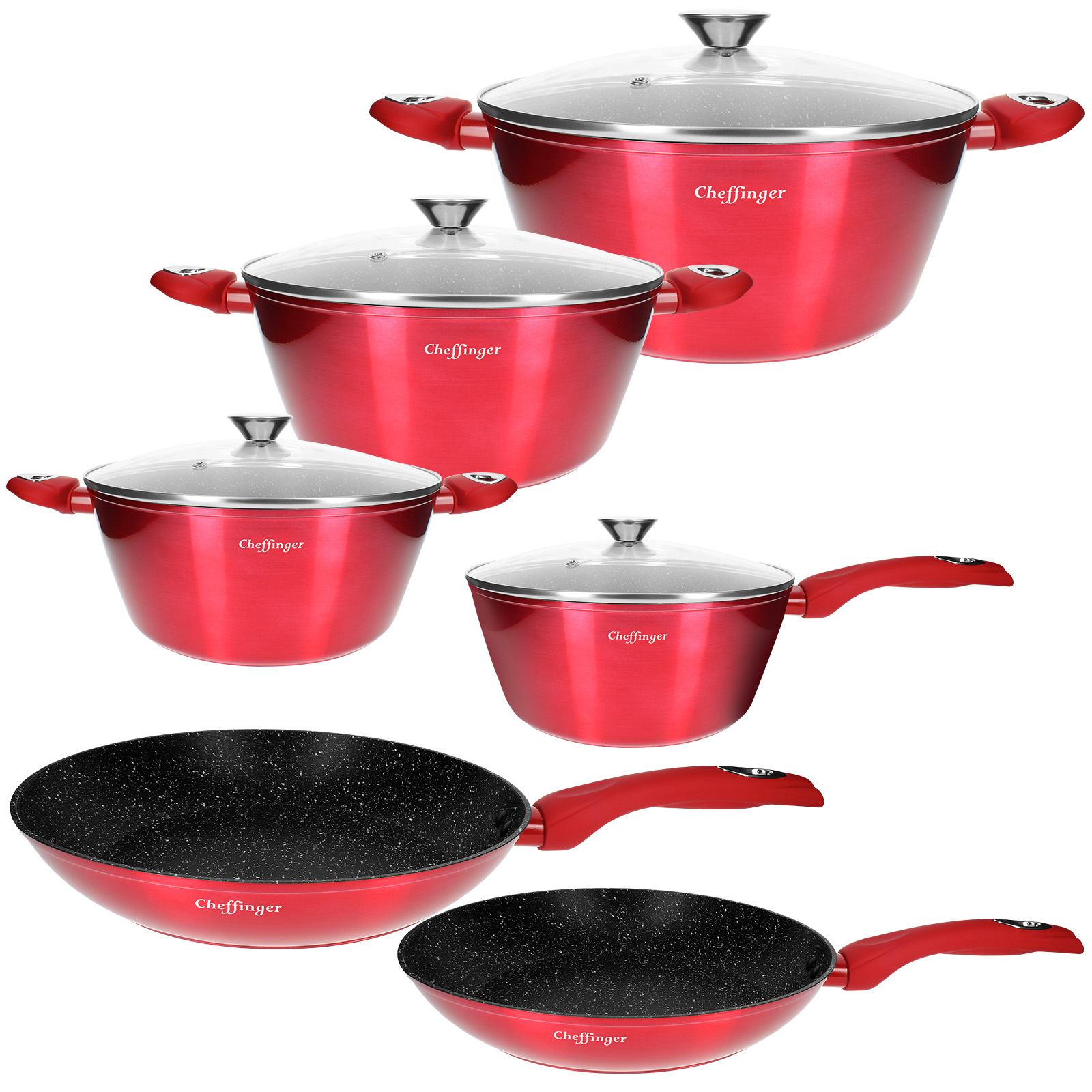 Set di pentole rosso con coperchi in vetro e manici rossi, inclusi wok e padelle.