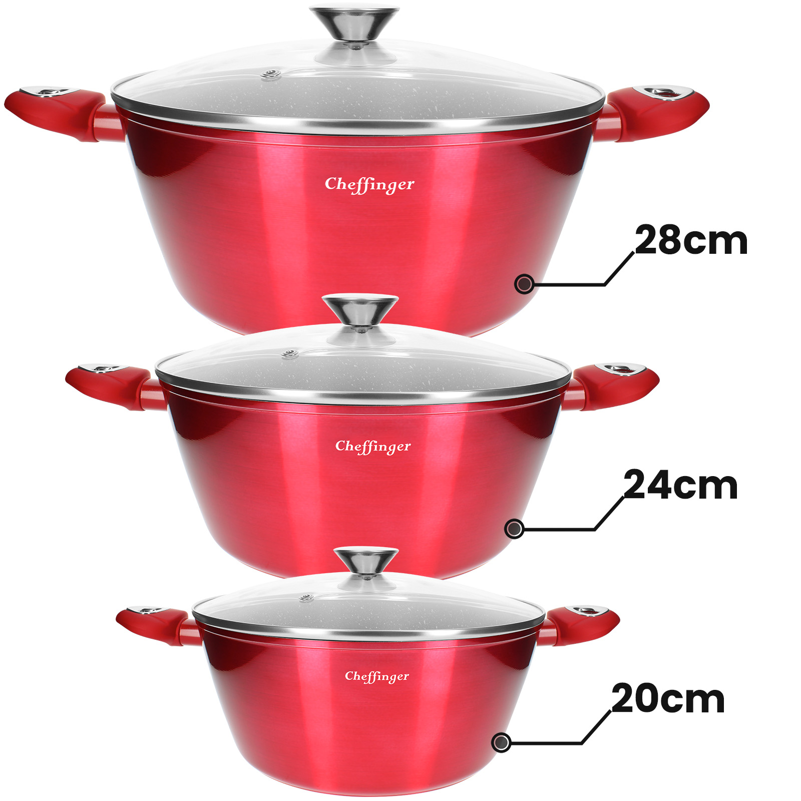 Tre pentole rosse con coperchi in vetro, misure 20, 24 e 28 cm.
