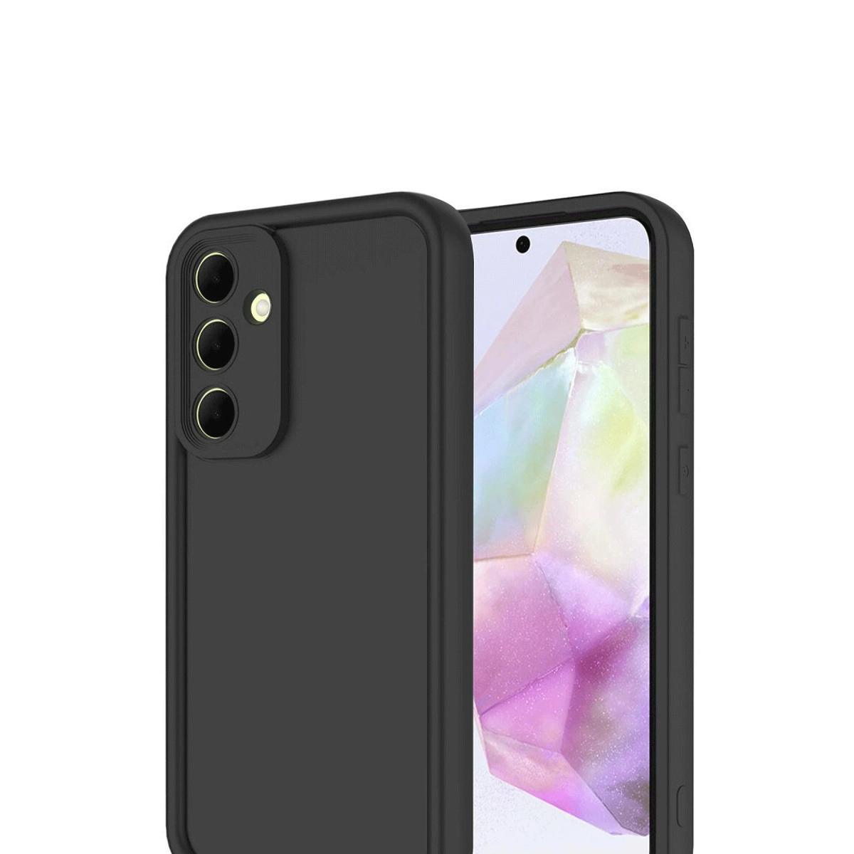 Üç kamera lensli ve parlak ekranlı siyah telefon kılıfı.