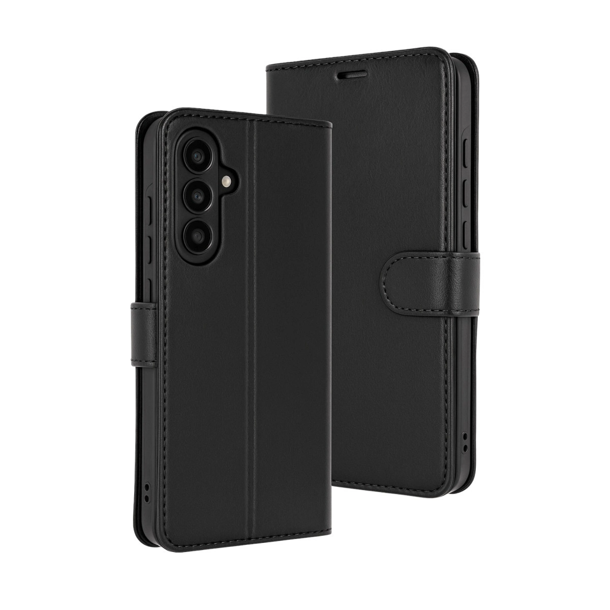 Beyaz arka plan üzerinde açık gösterilen iki siyah telefon kılıfı.
