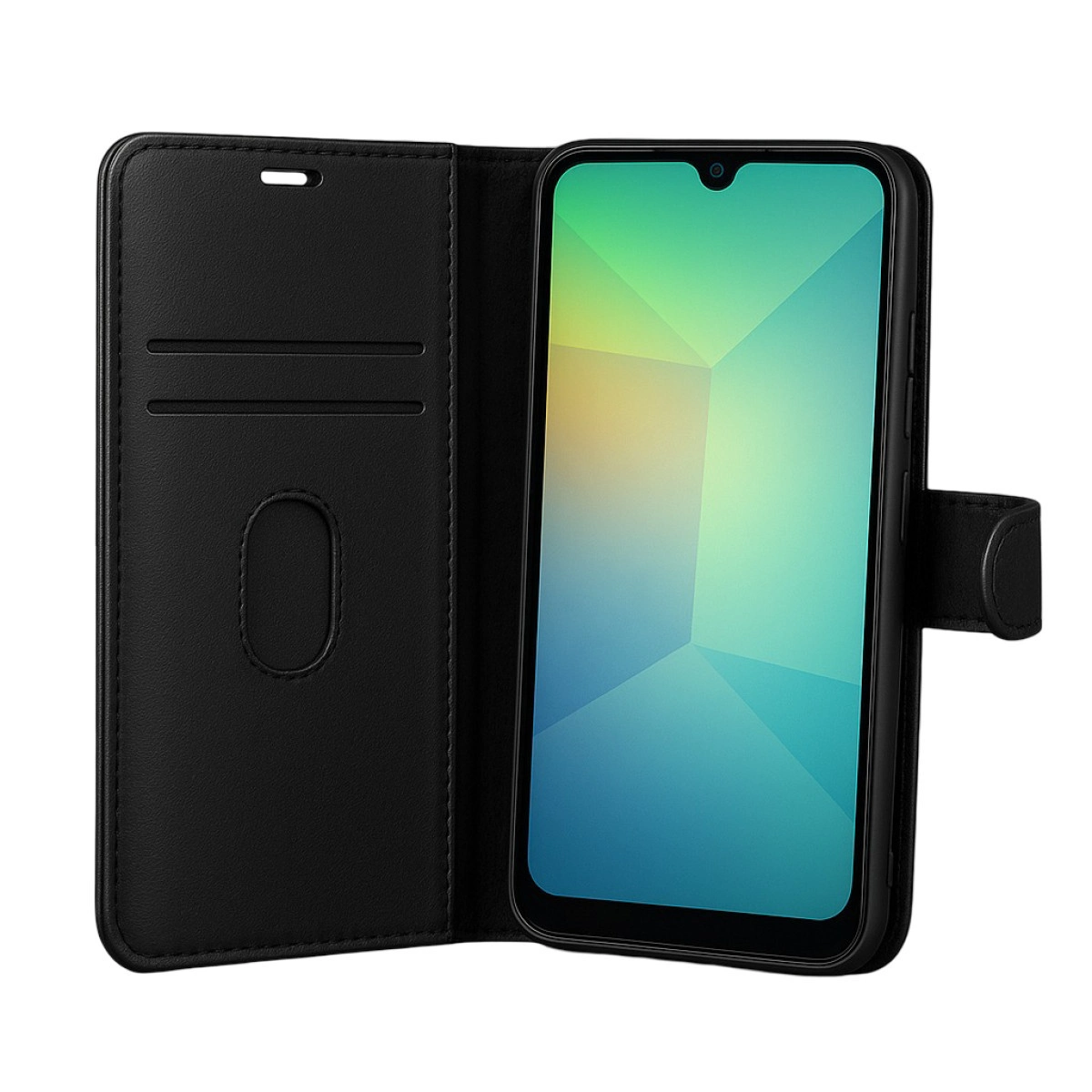 Renkli ekranlı bir akıllı telefonu gösteren açık siyah telefon kılıfı.