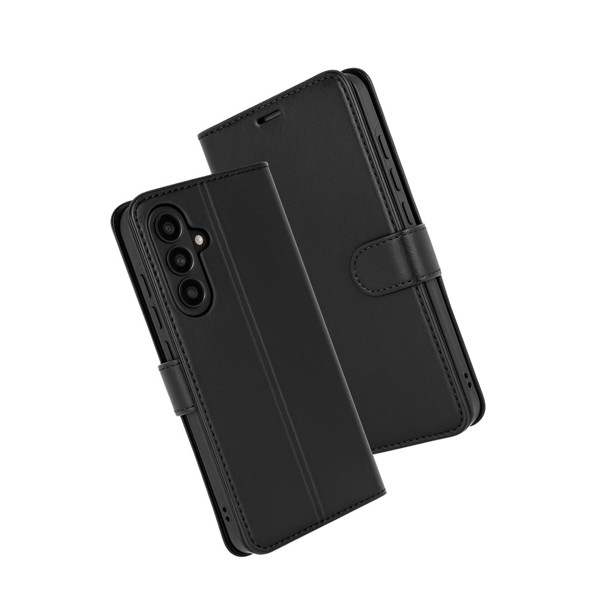 Beyaz zeminde dikişli iki siyah kapaklı telefon kılıfı.