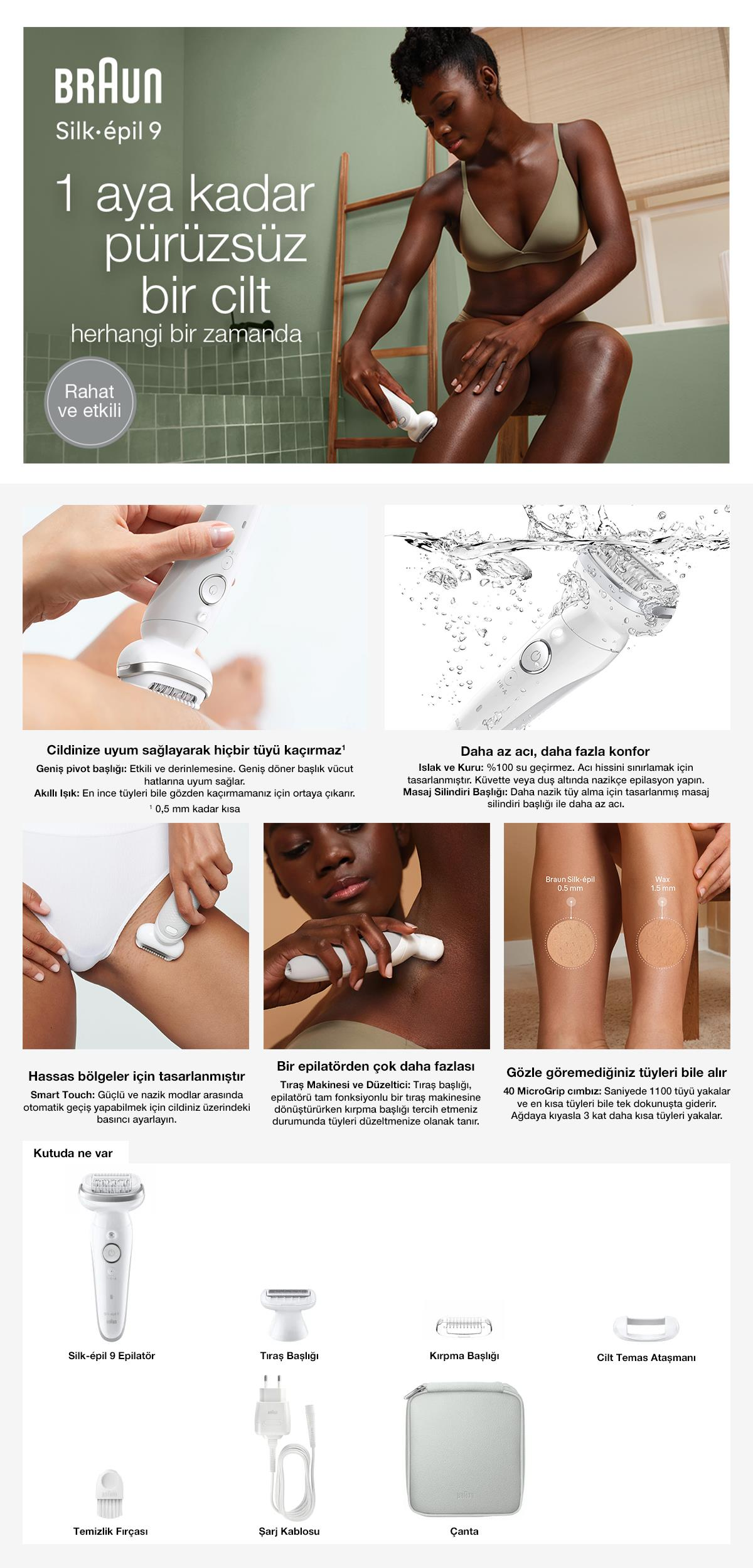 Braun Silk-épil 9: Kadın pürüzsüz cilt için epilatör kullanıyor.