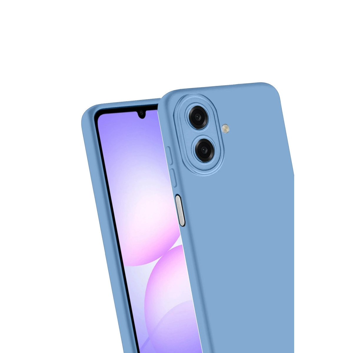 Arkada çift kamera bulunan açık mavi bir telefon.