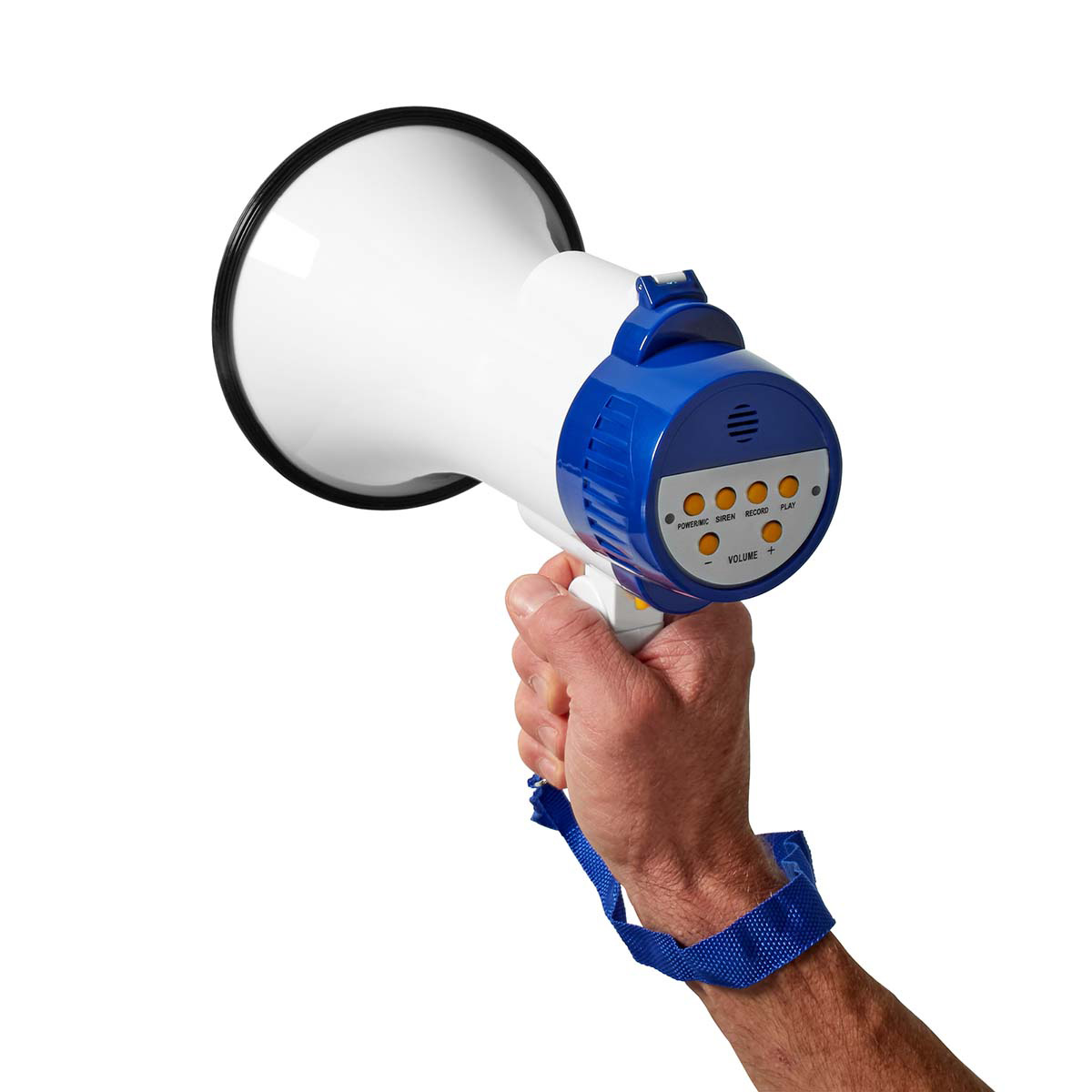 Mano che tiene un megafono con cinturino da polso blu.